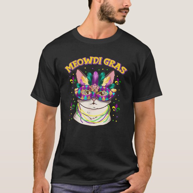 Meowdi Gras Kitten Cat Mask Pärlor Mardi Gras Funn T Shirt (Framsida)