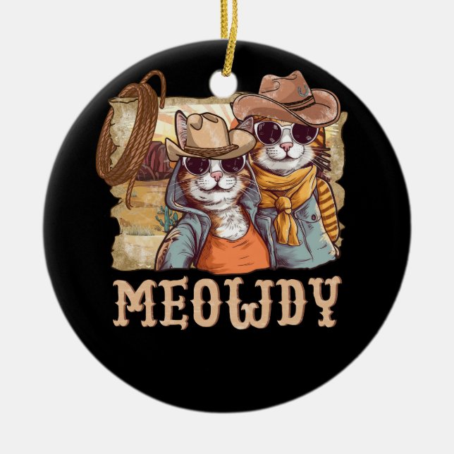 Meowdy Cat Funny Howdy Meme Western American Cowbo Julgransprydnad Keramik (Framsidan)