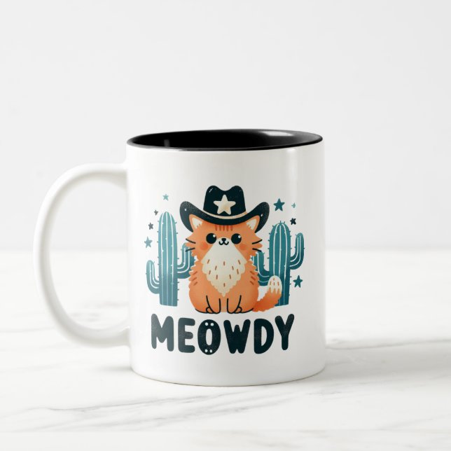Meowdy cowboy Hatt Kaktus katt  Två-Tonad Mugg (Vänster)