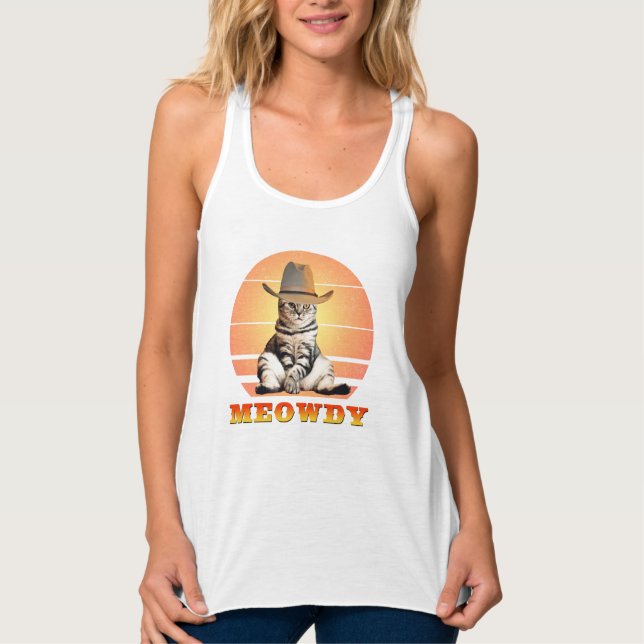 Meowdy Funny Cowboy Cat Linne Med Racerback (Framsida)