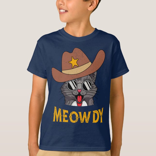 Meowdy! Funny Land Cat Wearing Cowboy Hat Gift T Shirt (Framsida)