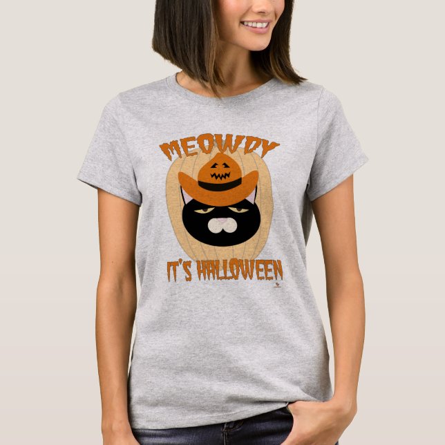 Meowdy Halloween Cat Roligt Tecknad T Shirt (Framsida)