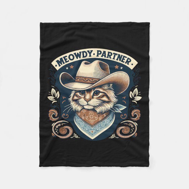 Meowdy Partner Cat Cowboy Hat Howdy Funny Land Fleecefilt (Framsidan)