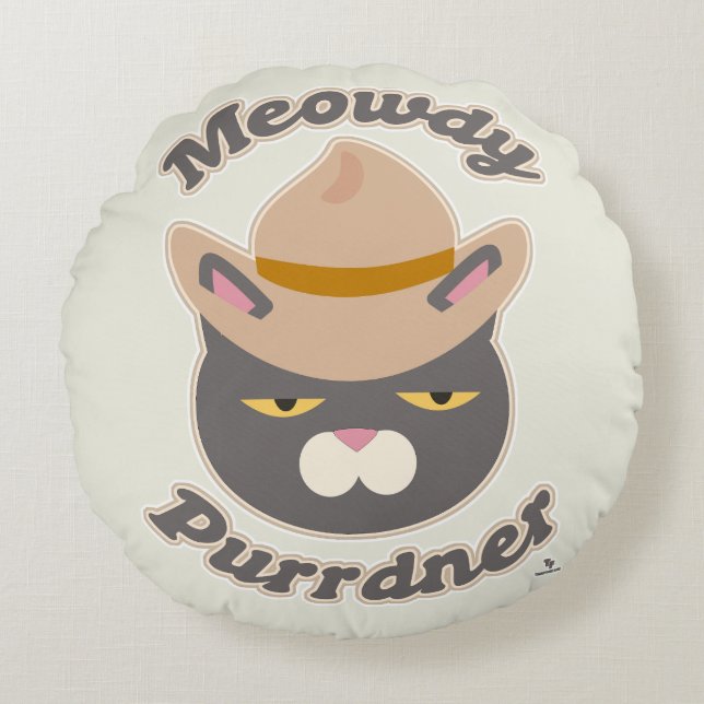 Meowdy Purrdner Roligt Cowboy Cat Toon Art Rund Kudde (Framsidan)