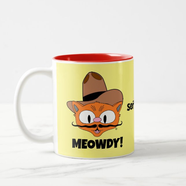 MEOWDY! Señor Gato Tecknad Mustasch Katt Två-Tonad Mugg (Vänster)