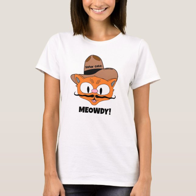 MEOWDY! Tecknad Mustache Cowboy Cat T-Shirt (Framsida)
