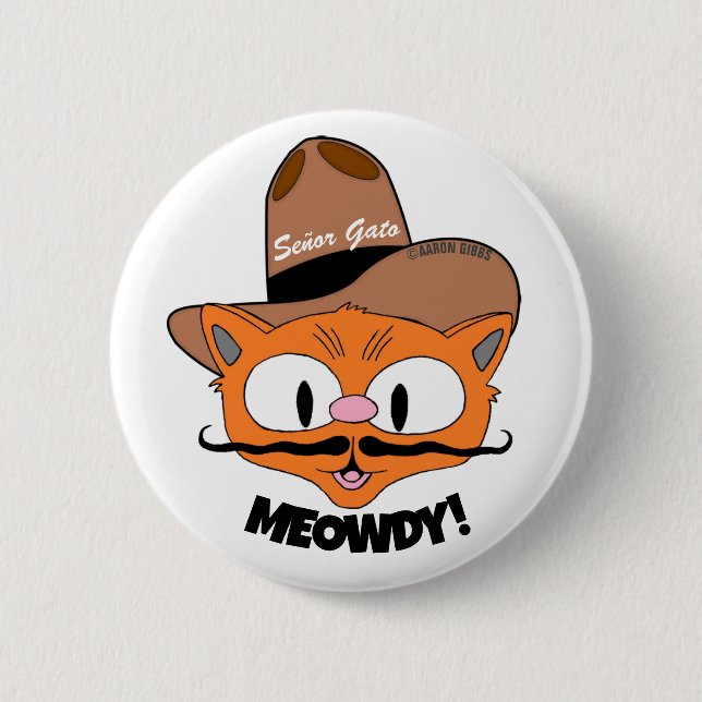 MEOWDY! Tecknad Mustasch Cowboy Katt knapp (Framsida)