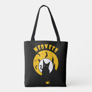Meoween Cute Black Gult Måne Hallowen Tygkasse