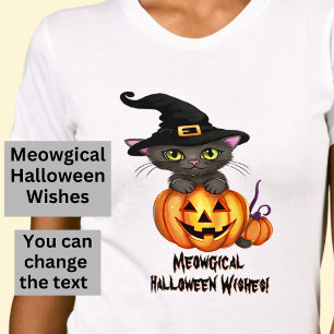 Meowgical Halloween Önskemål Cat Witch Hat Pumpkin T Shirt