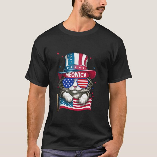 Meowica 4:e juli 2024 Cat American Flagga USA Roli T Shirt (Framsida)