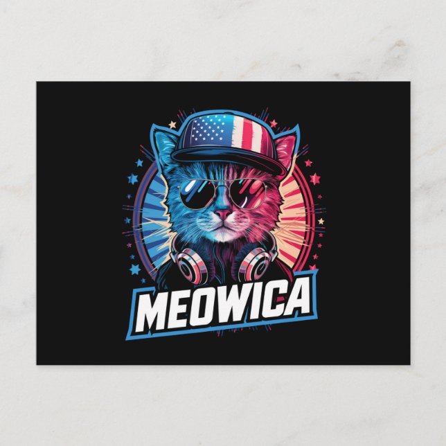 Meowica 4:e juli Katt American Flagga America USA Vykort (Framsida)