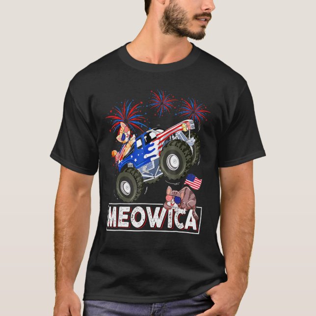 Meowica 4:e juli Katter Monster Lastbilar American T Shirt (Framsida)