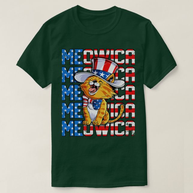 Meowica 4:e juli Merica Cat American Flagga farbro T Shirt (Design framsida)
