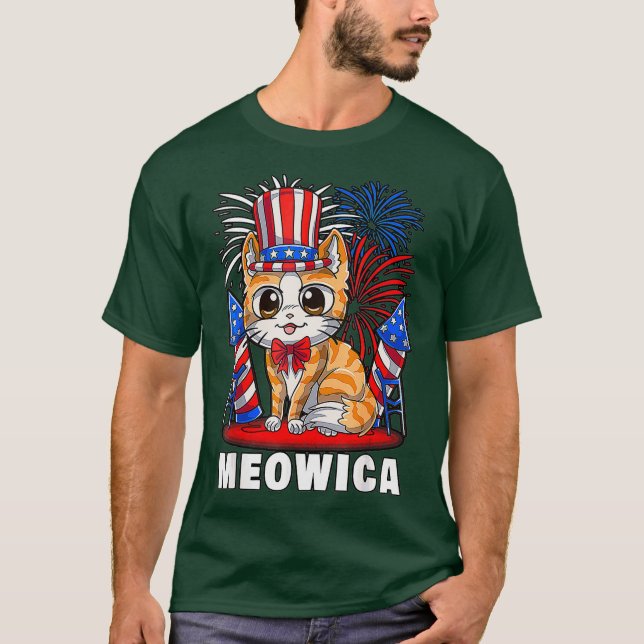 Meowica 4:e juli Patriotic Cat Funny American T Shirt (Framsida)