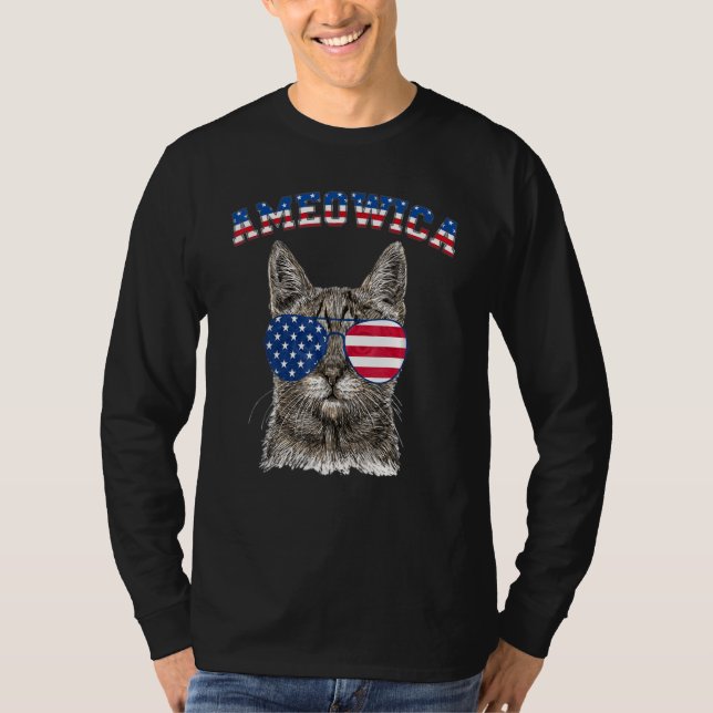 Meowica 4:e Julyy Catt American Flagga Sunglass T Shirt (Framsida)