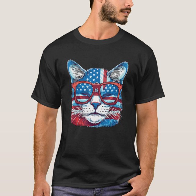Meowica American Flag Sunglasses Patriotic Cat 4th T Shirt (Framsida)