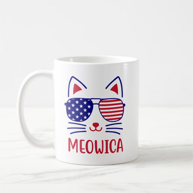 Meowica Cat 4:e juli Shirt - Patriotic Cat Kärlek Kaffemugg (Vänster)