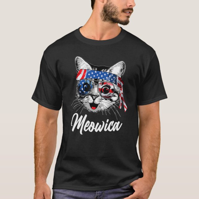 Meowica Cat American Flag Fourth of July T Shirt (Framsida)