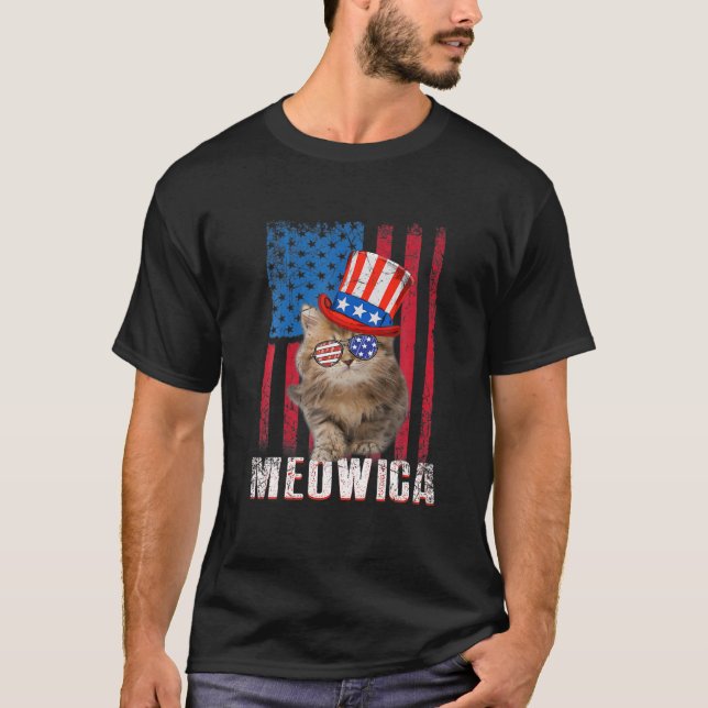 Meowica Cat American Flagga Patriotic 4:e juli Ki T Shirt (Framsida)