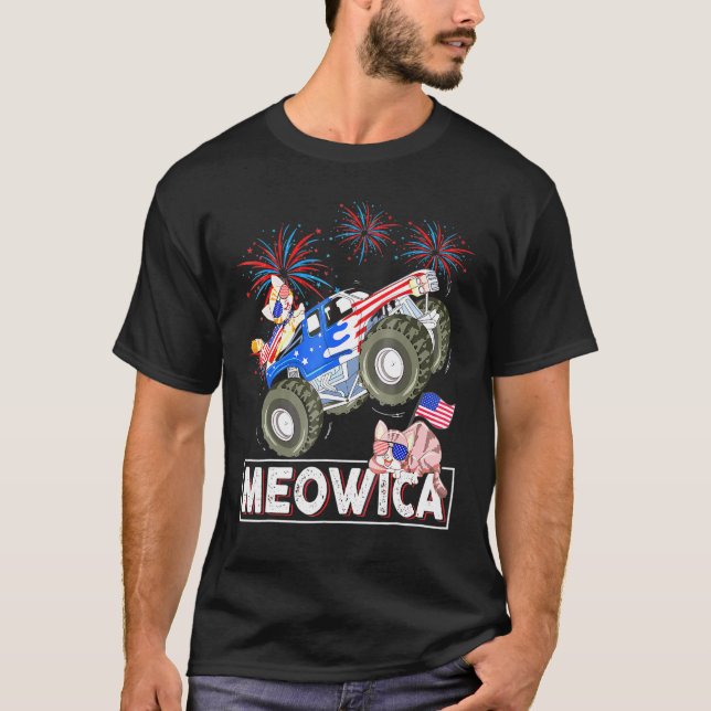 Meowica Cat Monster Driving Lastbil American Flagg T Shirt (Framsida)