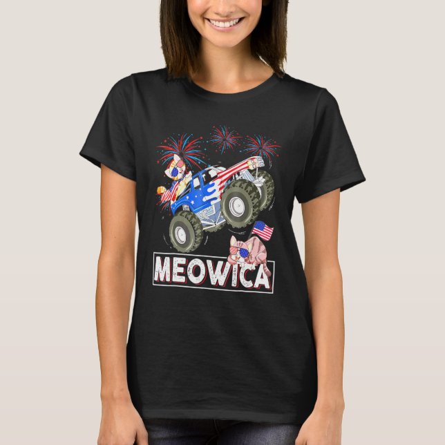 Meowica Cat Monster Driving Lastbil American Flagg T Shirt (Framsida)
