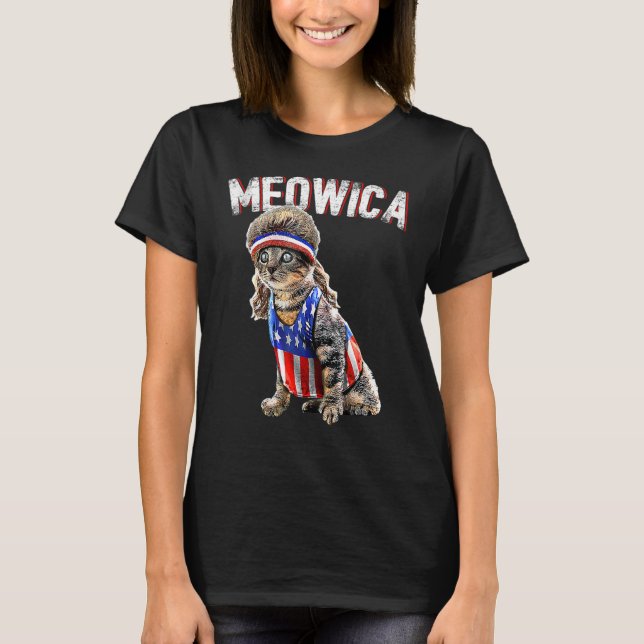 Meowica Cat Mullet American Flagga Patriotic 4th o T Shirt (Framsida)