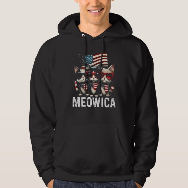 Meowica Cat Sunglasses American Flag 4th of July M Hoodie (Framsida)