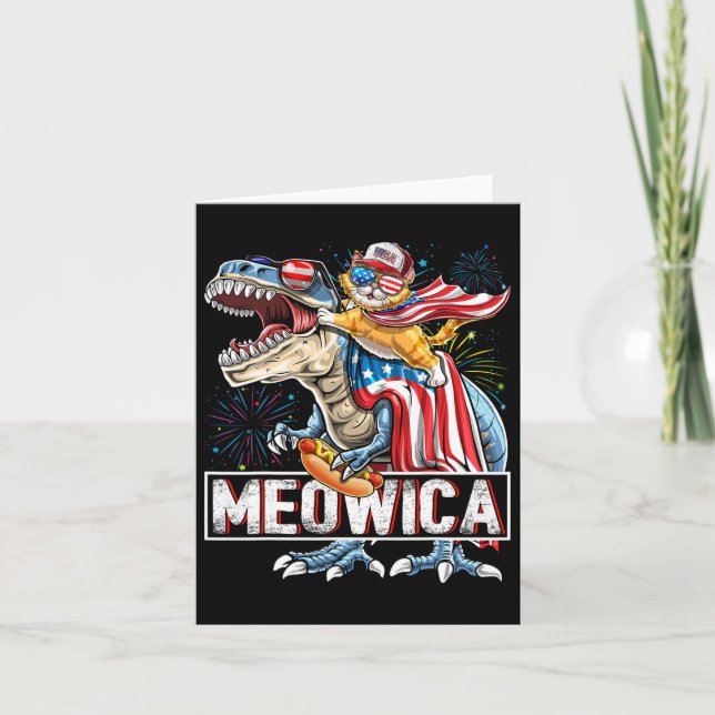 Meowica Cat t Rex Dinosaur 4:e juli American Fl Kort (Framsida)