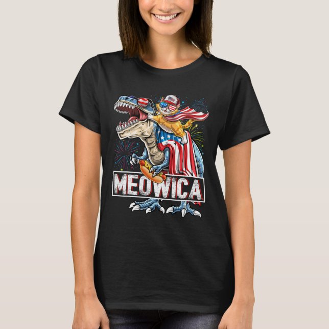 Meowica Cat t Rex Dinosaur 4:e juli American Fl Shirt (Framsida)