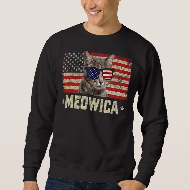 Meowica-katt 4 juli Patriotic Usa Ameri Lång Ärmad Tröja (Framsida)