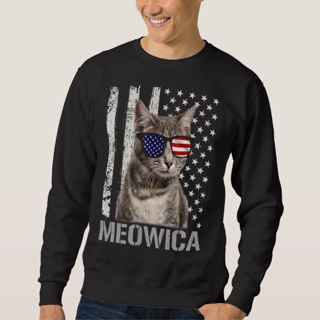 Meowica-katt 4 juli Patriotic Usa Ameri Lång Ärmad Tröja (Framsida)
