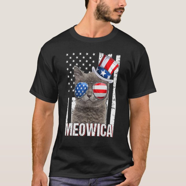 Meowica Katt Fjärde 4:e Juli Patriotisk Usa Ameri T Shirt (Framsida)