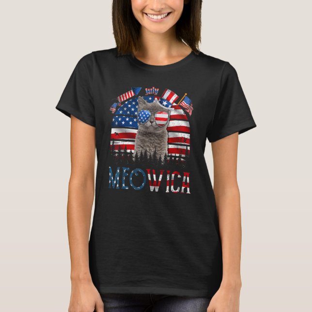 Meowica Katt Fjärde 4:e Juli Patriotisk Usa Ameri T Shirt (Framsida)