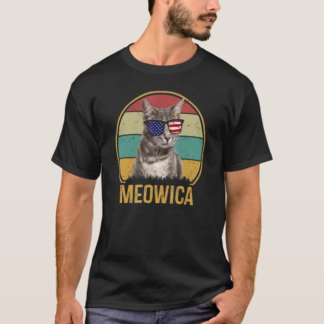 Meowica Katt Fjärde 4:e Juli Patriotisk Usa Ameri T Shirt (Framsida)