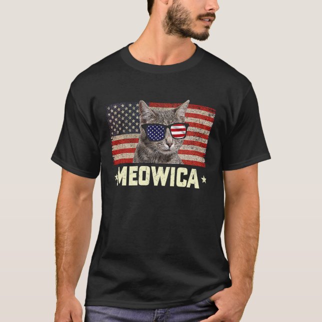 Meowica Katt Fjärde 4:e Juli Patriotisk USA Ameri T Shirt (Framsida)