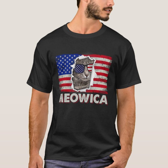 Meowica Katt Fjärde 4:e Juli Patriotisk USA Ameri T Shirt (Framsida)
