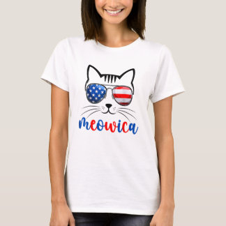Meowica Katt Kittel USA Flag Solglasögon Patriotis T Shirt