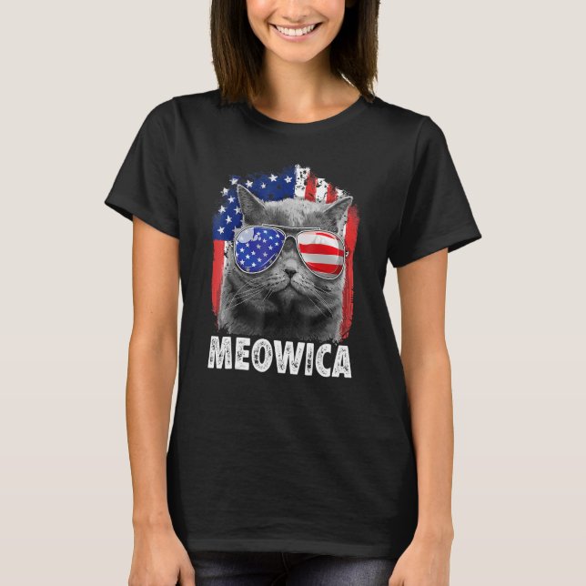 Meowica Kattunge American Flagga Sunglass 4:e juli T Shirt (Framsida)
