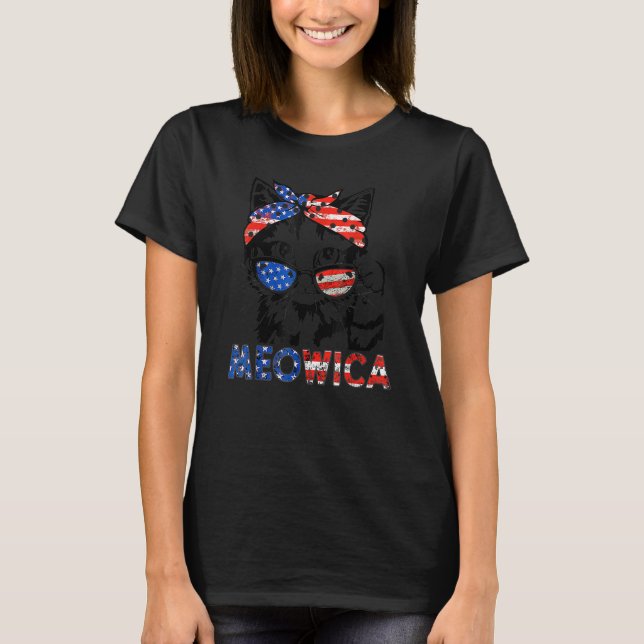 Meowica Sunglass Patriotic Cat 4:e juli Ameri T Shirt (Framsida)