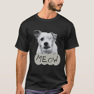 Meowing black and white one eyed dog t shirt
