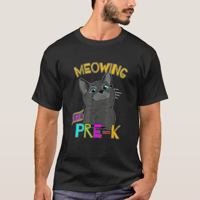Meowing Into Pre K Cute Black Cat Back O School T Shirt (Framsida)