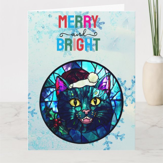 Meowing Stained-Glass Christmas Black Cat Kort (Framsida)