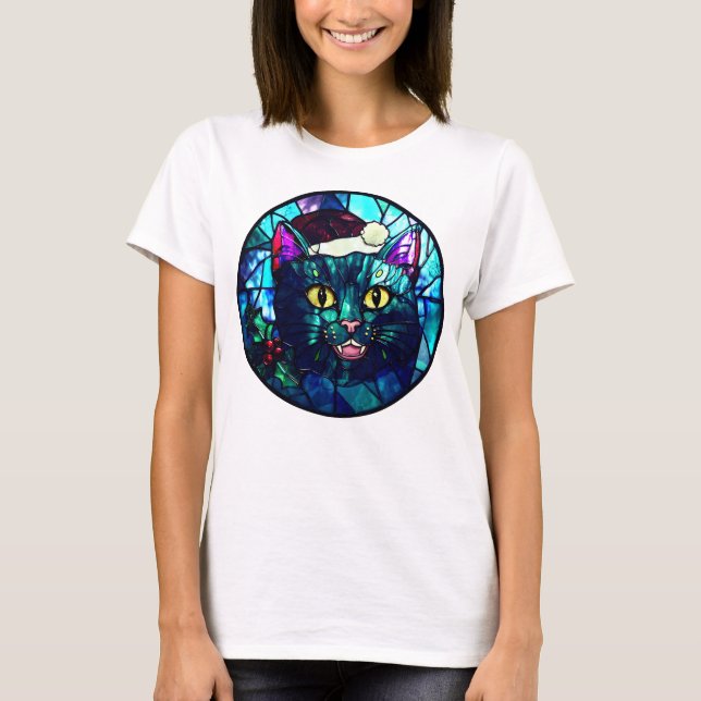 Meowing Stained-Glass Christmas Black Cat T Shirt (Framsida)