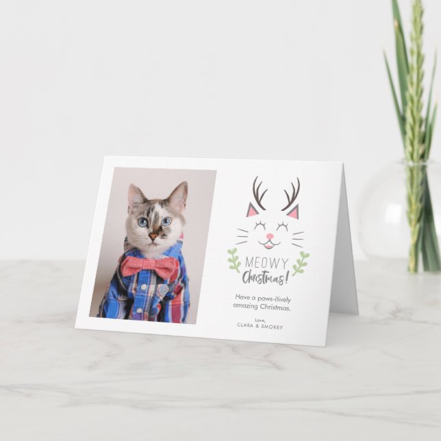 Meowjul Cute Cat med Antlers Julafton Photo Kort (Framsida)