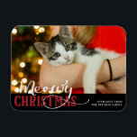 Meowjul Cute Cat, tillsätt din Anpassningsbar Foto Magnet<br><div class="desc">Meowy jul Cute Cat Add Your Anpassningsbar Photo - Helgdag Typography with Roligt Helgdag Pun Quote and Your Photograph. Med trendigets skripttext i Bright Red och Grått. Ett lustigt och sött citat för Djurälskare, helgdagar och vintersäsongen. Roligt för hela familjen! Lägg bara till ditt anpassningsbar Photo Magnet-kort. ~ Kolla min...</div>