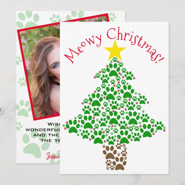 Meowjul Cute Roligt Paw Skriv ut Träd Photo Julkort (Fram/baksida)