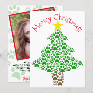 Meowjul Cute Roligt Paw Skriv ut Träd Photo Julkort