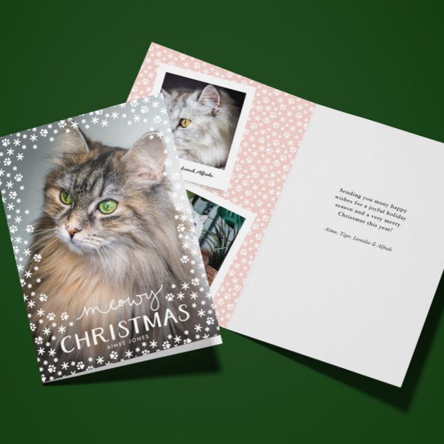 Meowjul-Julhälsningar övertäckningskort Helgkort (folded cat Meowy Christmas holiday greeting card with custom photo and message inside)