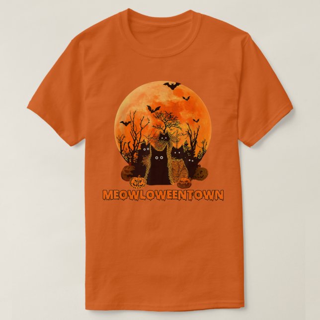 Meowloweentown Red Måne Svarta katter T Shirt (Design framsida)