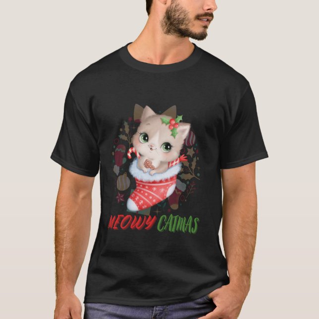 Meowmas Cute Cat in jul Sock Julafton Girls T Shirt (Framsida)